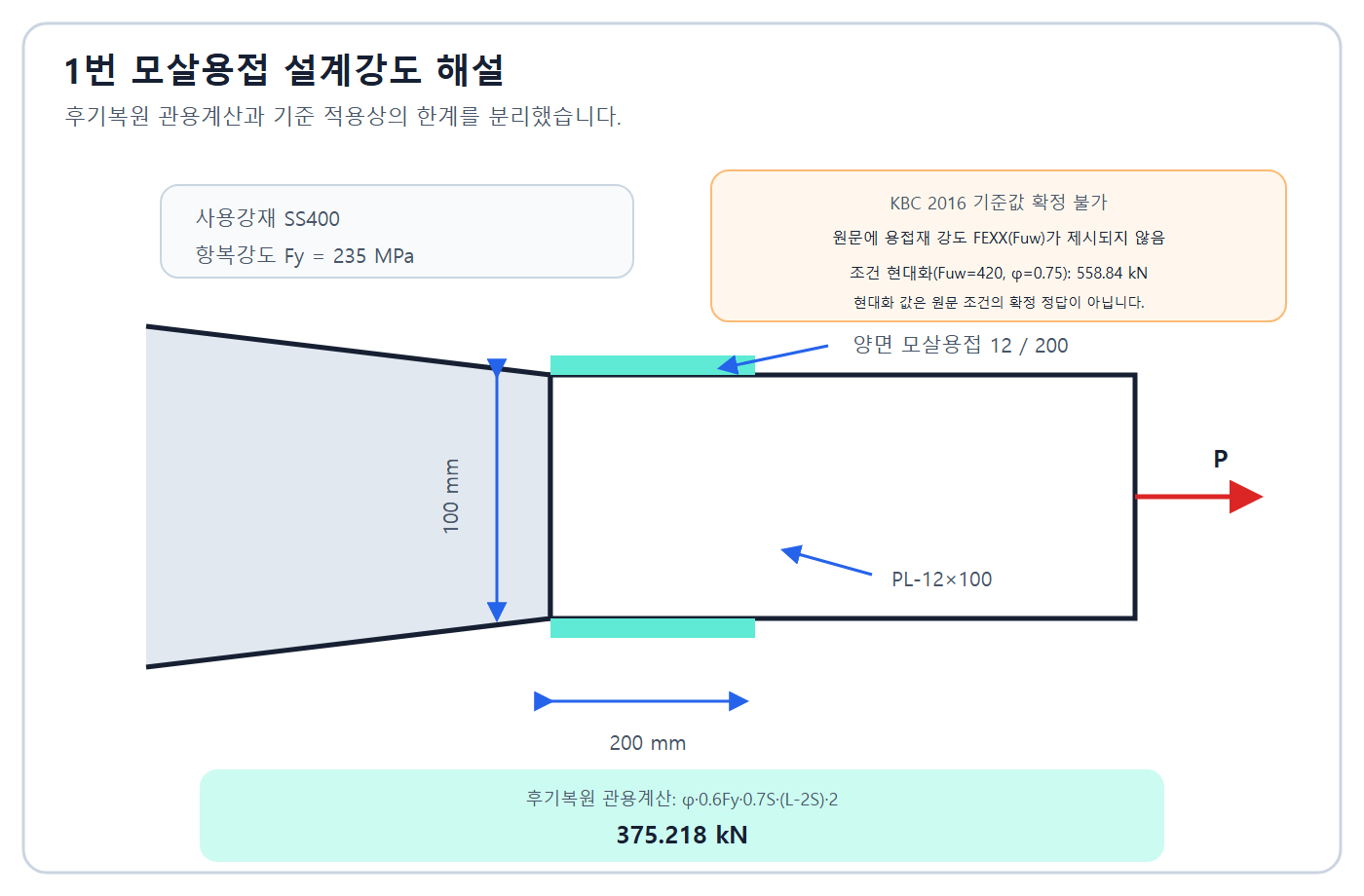건축기사 실기 기출문제 후기복원 관용강도 375.218kN과 조건한계