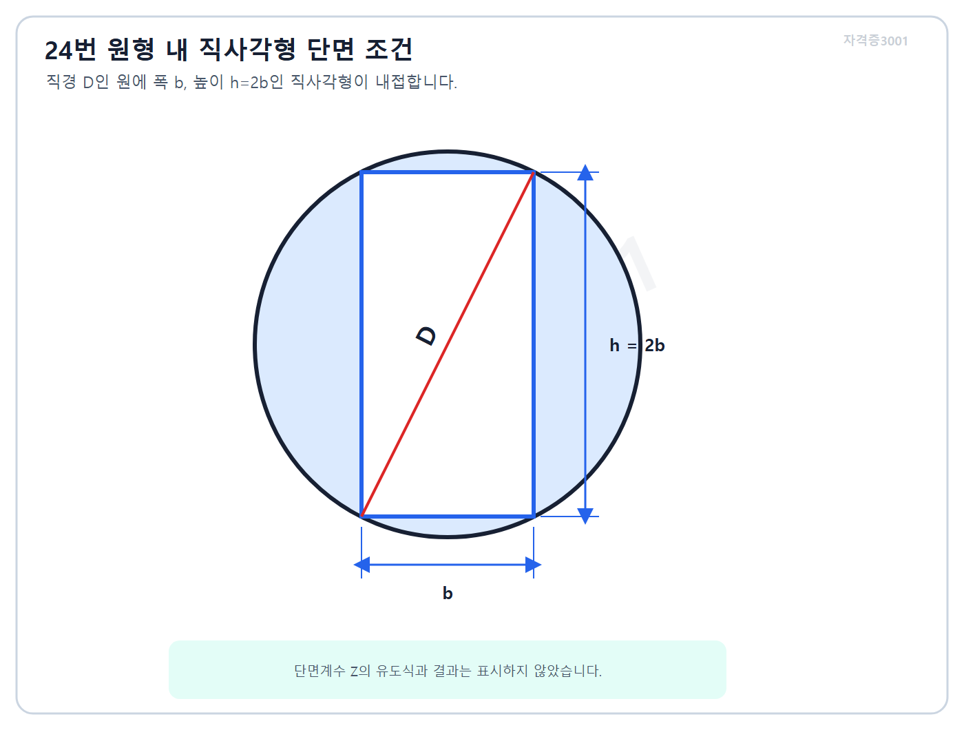 자격증3001 워터마크 적용 문제도로, 직경 D인 원에 폭 b·높이 2b인 직사각형이 내접한 단면도