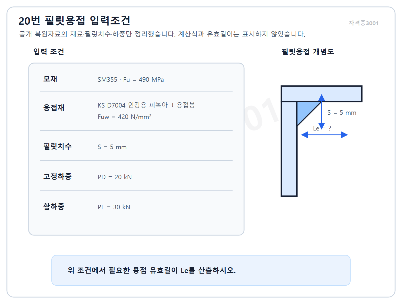 건축기사 실기 기출문제 건축기사 실기 기출문제 2023년 4회 - 필릿용접 유효길이 계산에 필요한 재료강도 필릿치수 고정하중 활하중 조건 · 자격증3001 워터마크 적용 문제도