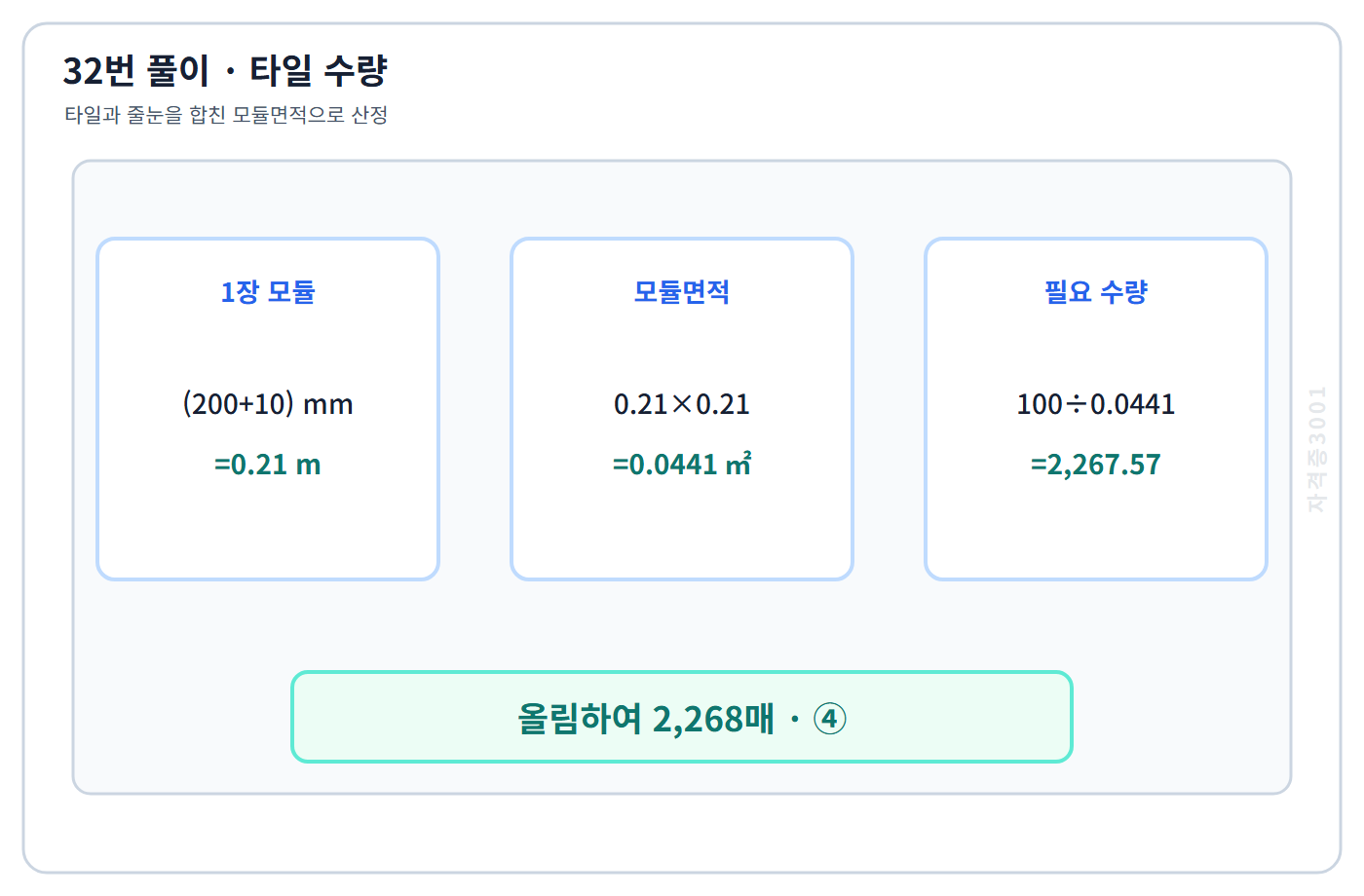건축기사 기출문제 타일과 줄눈 모듈로 붙임수량 2,268매 계산