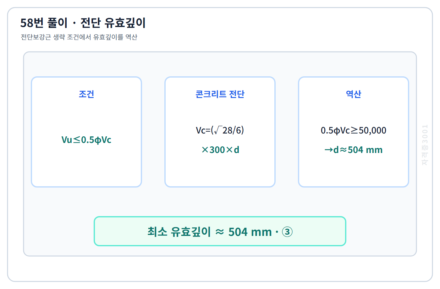 전단보강근 생략 조건으로 최소 유효깊이 504mm를 구한 계산