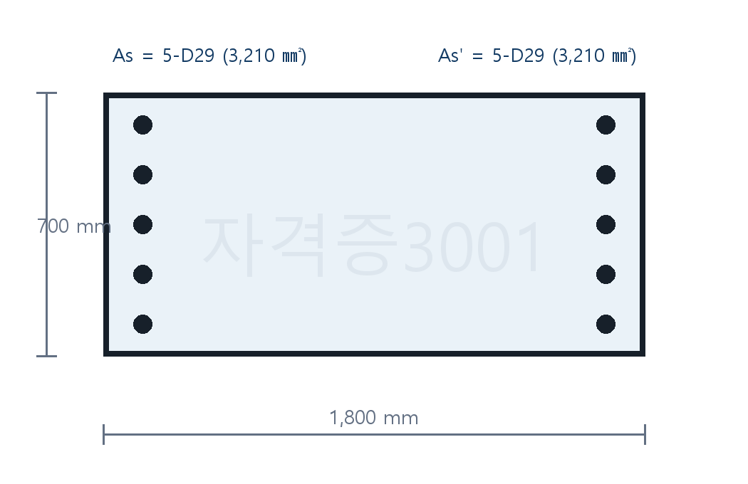 철근 배치와 치수가 표시된 철근콘크리트 기둥 단면도
