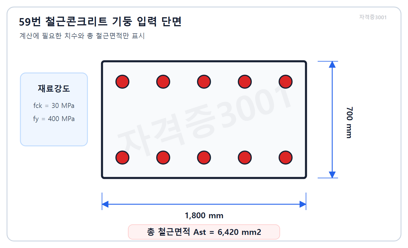 자격증3001 워터마크 적용 문제도로, 건축기사 필기 2023년 4회 59번 1800 mm x 700 mm 철근콘크리트 기둥과 총 철근면적 6420 mm2 단면도