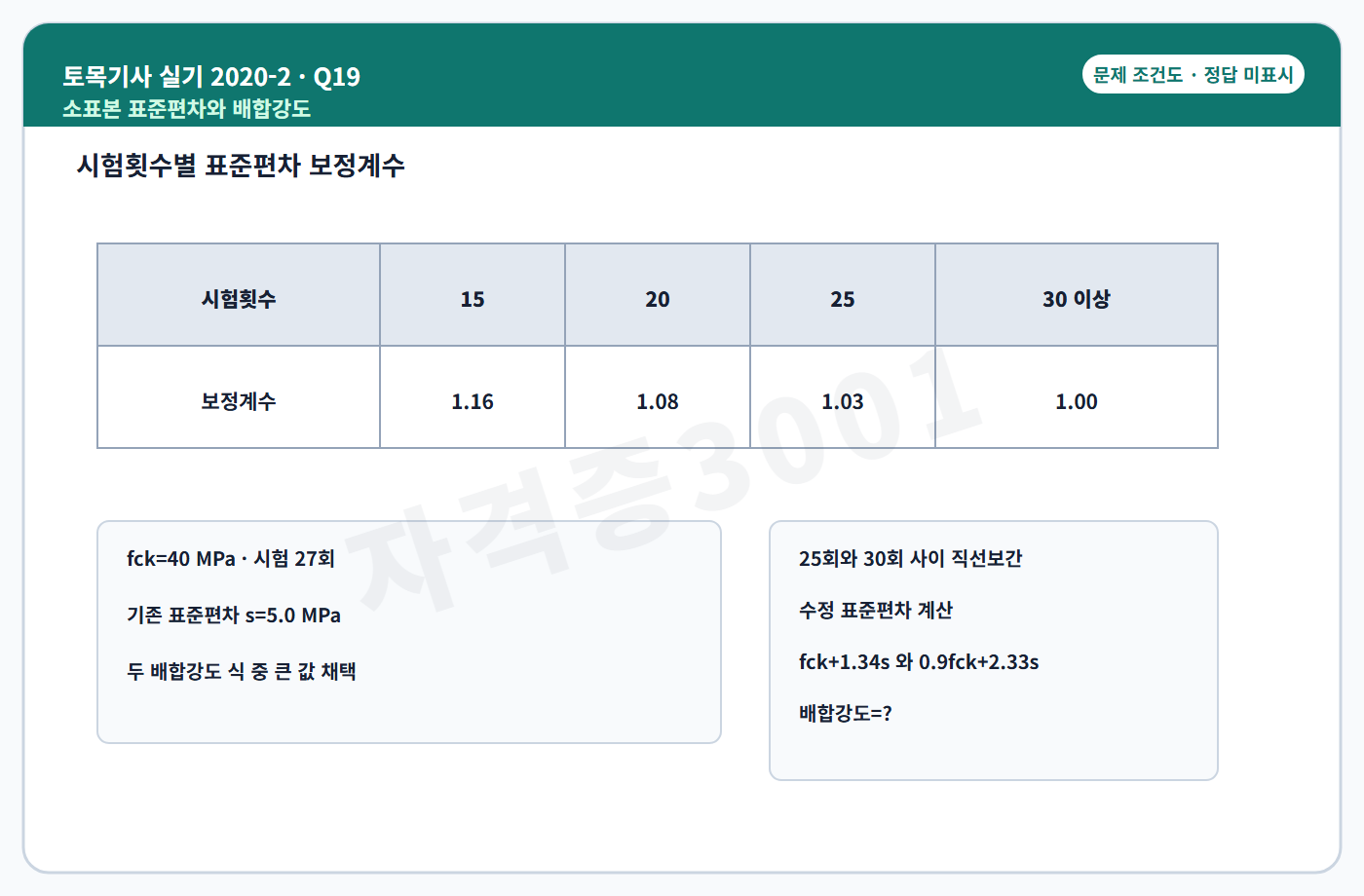 자격증3001 워터마크가 적용된 토목기사 실기 2020년 2회 19번 독립 조건도, 정답 미표시