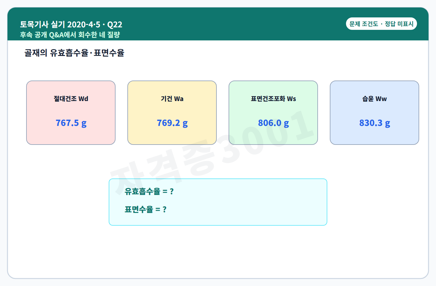 자격증3001 워터마크 적용 토목기사 실기 2020년 4회·수시 5회 22번 문제 조건도