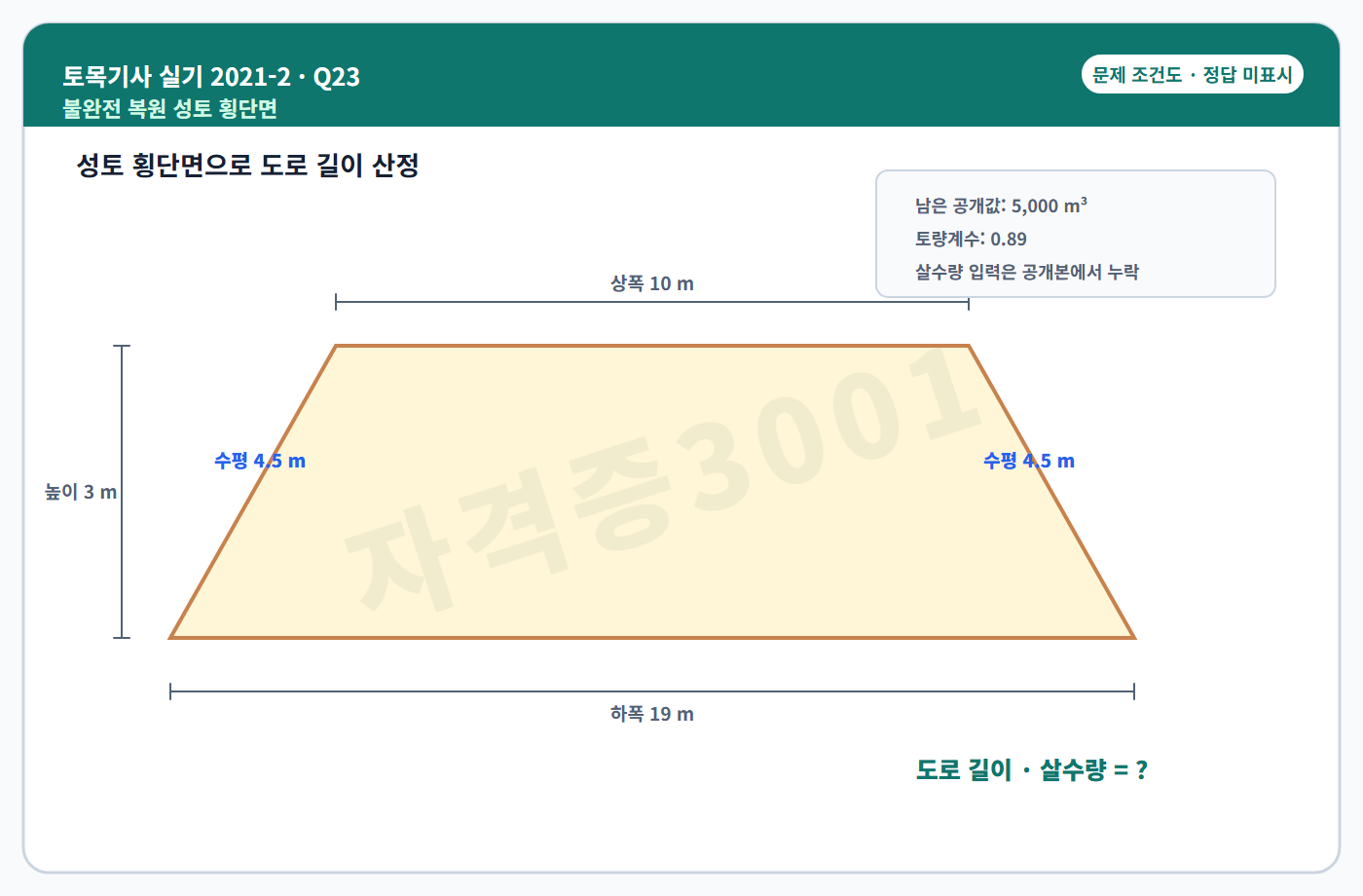 자격증3001 워터마크 적용 토목기사 실기 2021년 2회 23번 문제 조건도