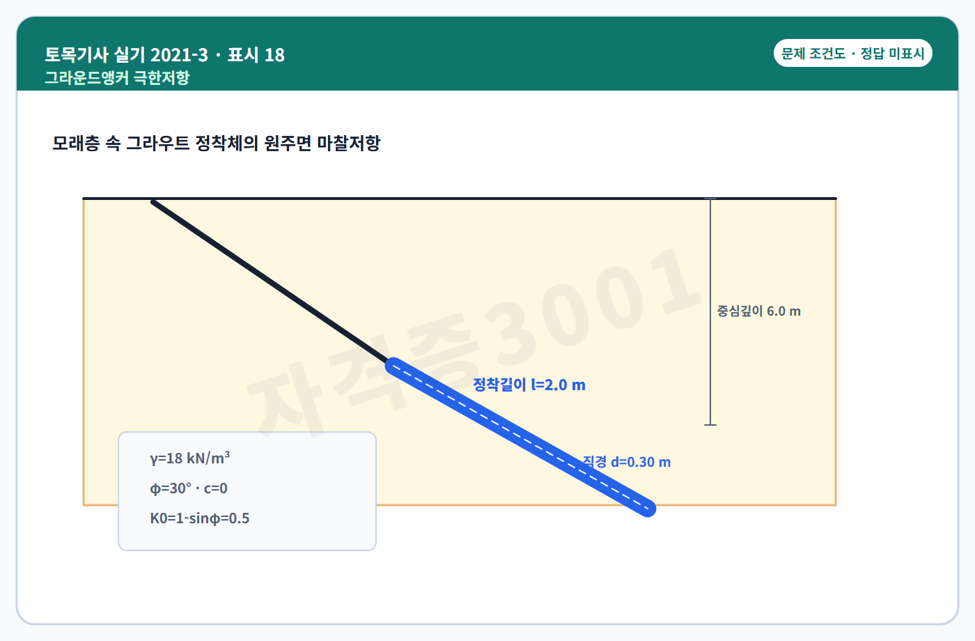 자격증3001 워터마크가 적용된 토목기사 실기 2021년 3회 공개 표시번호 18 조건도, 정답 미표시