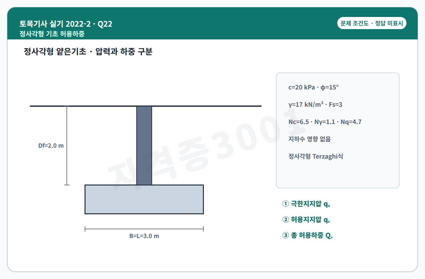 자격증3001 워터마크 적용 토목기사 실기 2022년 2회 22번 문제 조건도