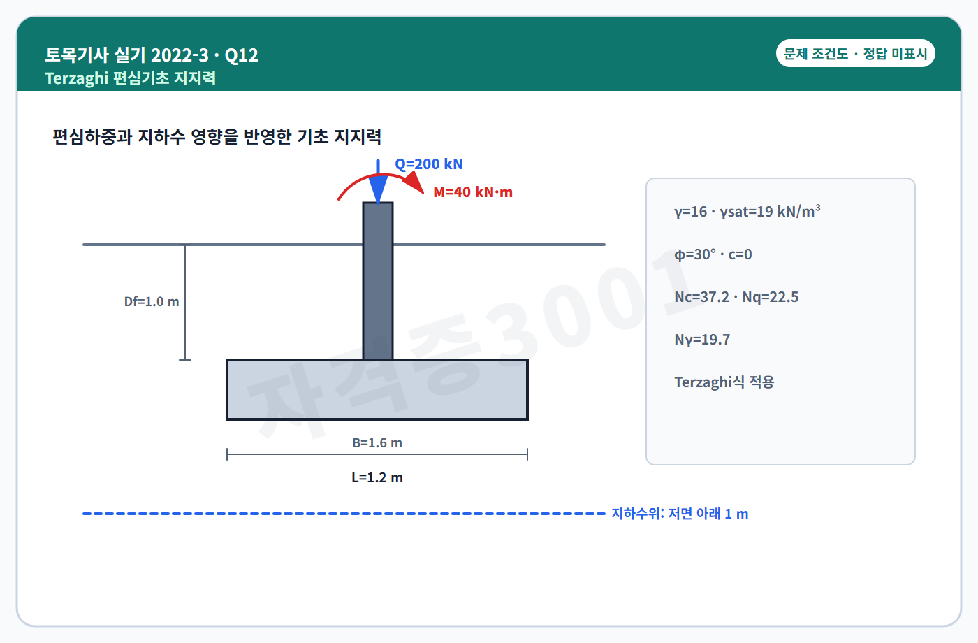 자격증3001 워터마크 적용 토목기사 실기 2022년 3회 12번 조건 도식, 정답 미표시