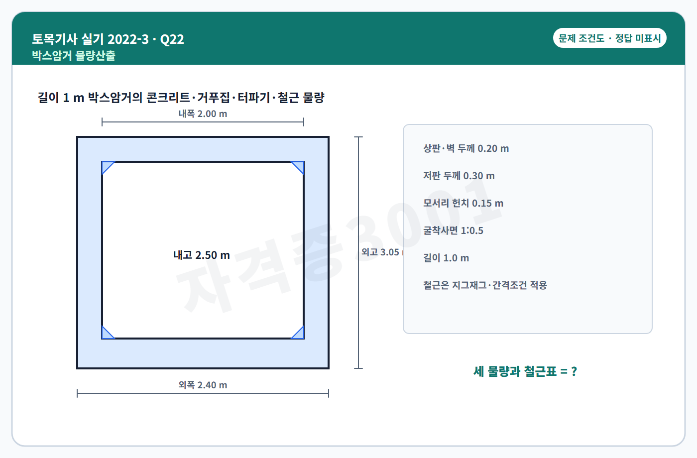 자격증3001 워터마크 적용 토목기사 실기 2022년 3회 22번 조건 도식, 정답 미표시