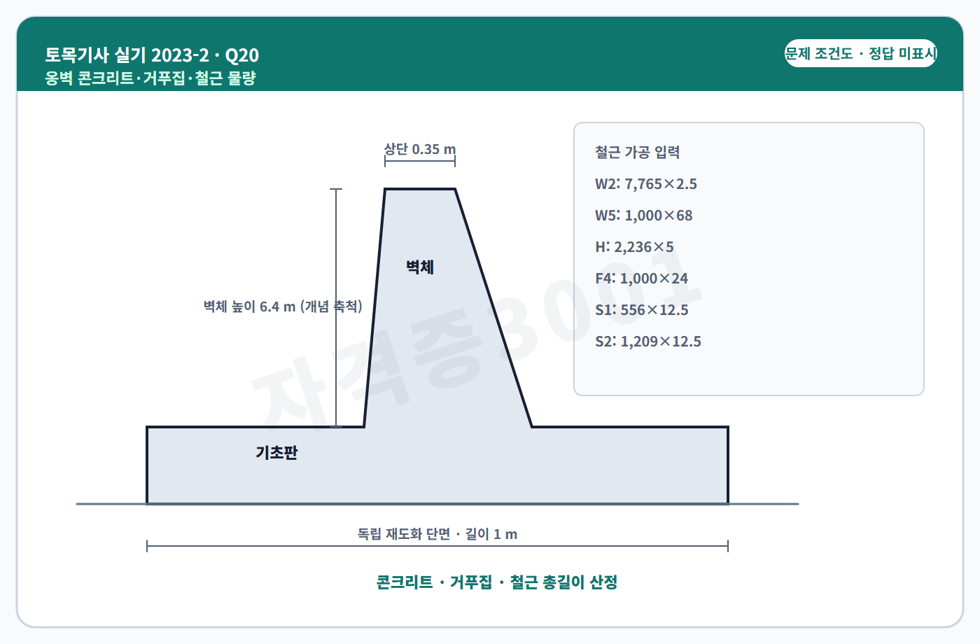 자격증3001 워터마크 적용 토목기사 실기 2023년 2회 20번 입력 조건 도식