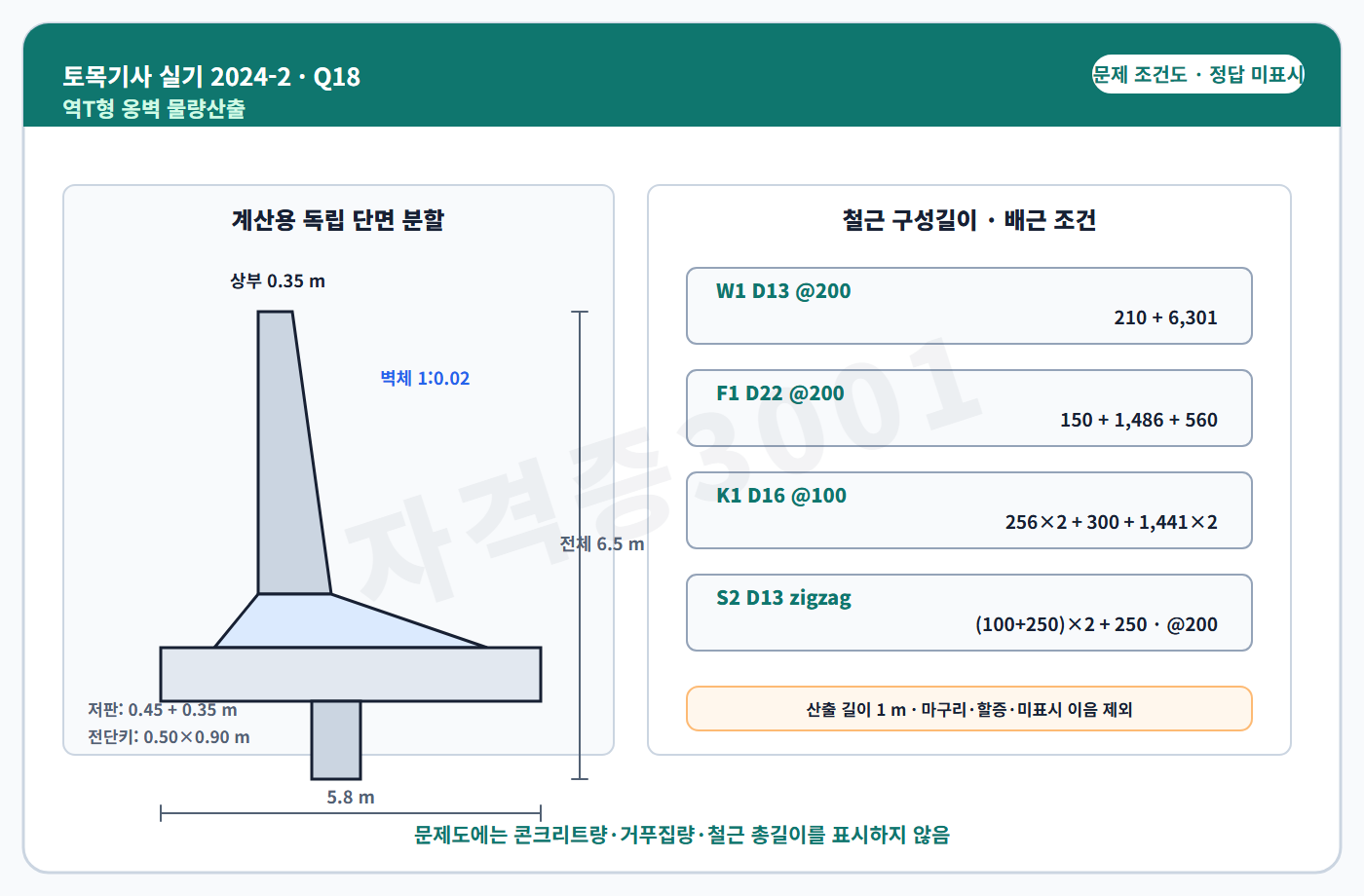 자격증3001 워터마크 적용 토목기사 실기 2024년 2회 18번 입력 조건 도식
