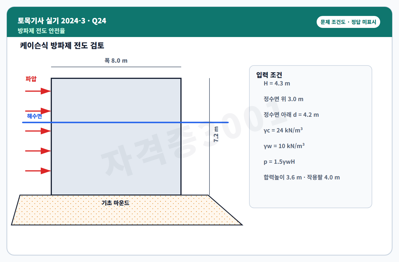 자격증3001 워터마크 적용 토목기사 실기 2024년 3회 24번 문제 조건도