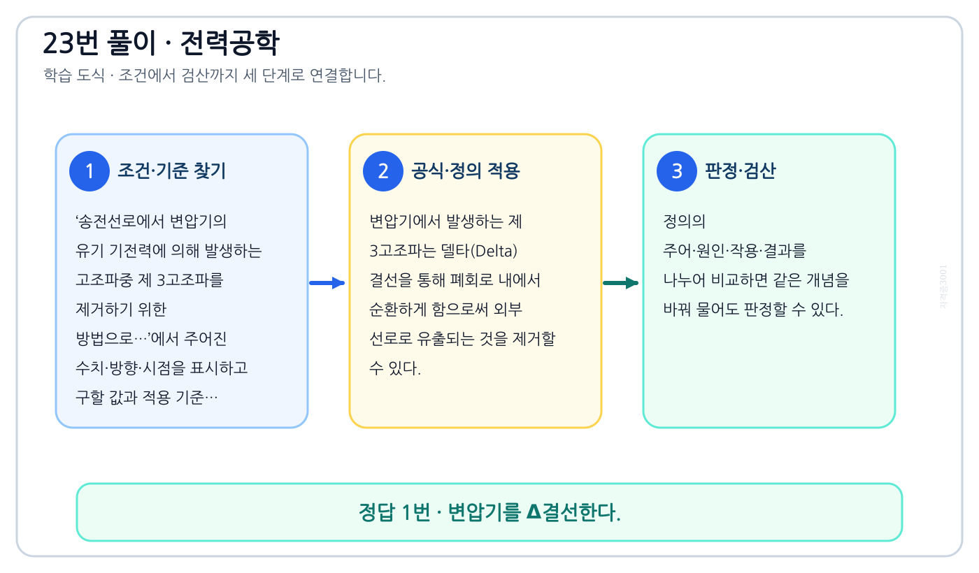 전기기사 송전선로에서 변압기의 유기 기전력에 의해 발생하는 고조파중 제 3고조파를 제거하기 위한 방법으로…의 정의와 반대개념을 비교하여 ‘변압기를 Δ결선한다.’가 맞는 이유를 설명할 수 있다. 세 단계 풀이와 검산을 연결한 학습 도식