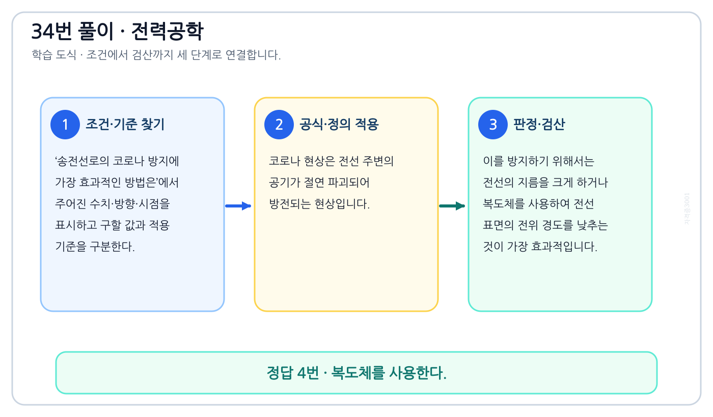 전기기사 송전선로의 코로나 방지에 가장 효과적인 방법은의 정의와 반대개념을 비교하여 ‘복도체를 사용한다.’가 맞는 이유를 설명할 수 있다. 세 단계 풀이와 검산을 연결한 학습 도식