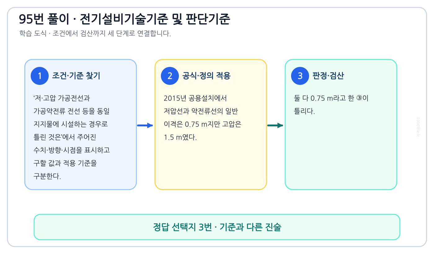 저·고압 가공전선과 가공약전류 전선 등을 동일 지지물에 시설하는 경우로 틀린 것은에서 시험시점 기준과 현행 기준을 분리하여 ‘가공전선과 가공약전류 전선 등 사이의 이격거리는 저압과 고압 모두 75cm 이상일 것’의 적용범위를 설명할 수 있다. 세 단계 풀이와 검산을 연결한 학습 도식