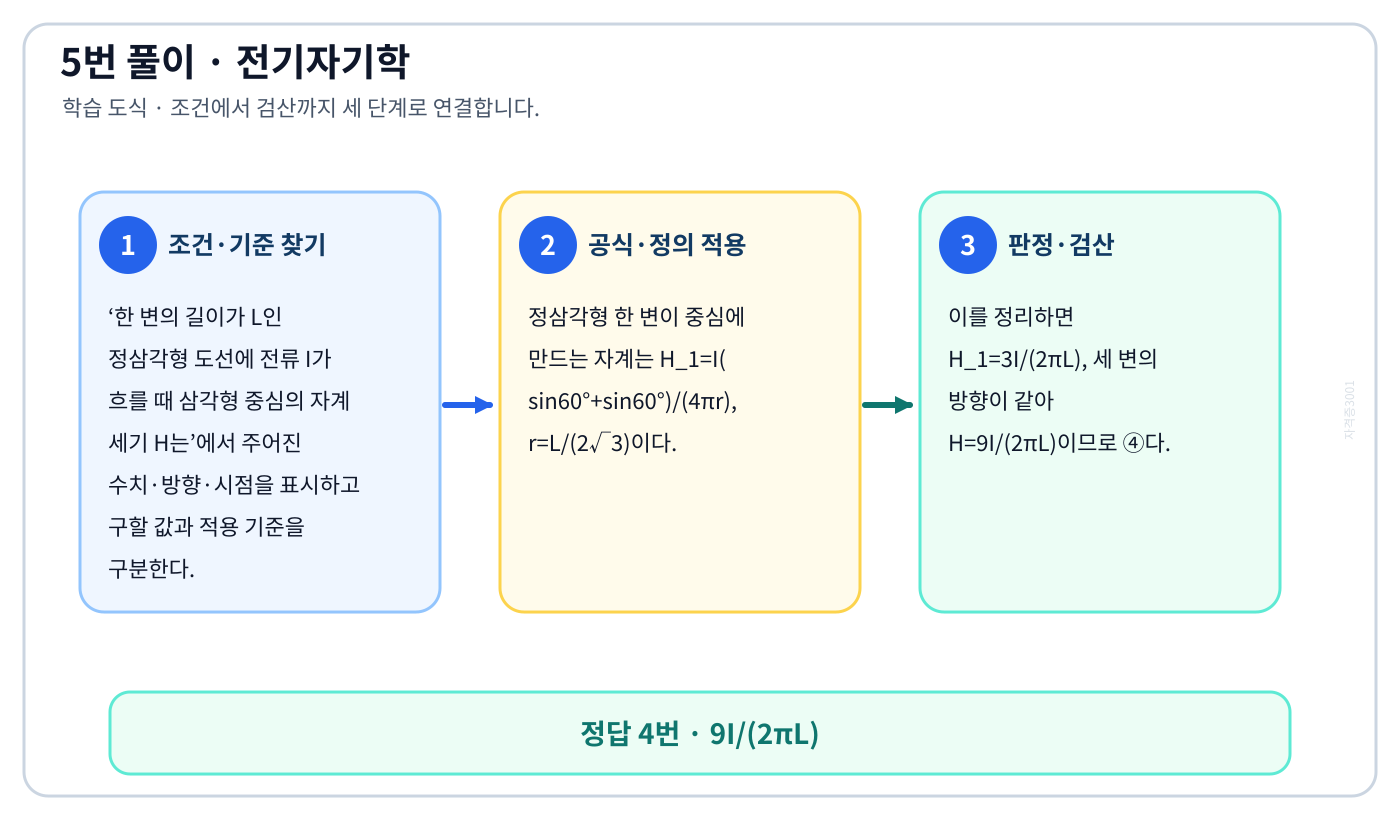 전기기사 한 변의 길이가 L인 정삼각형 도선에 전류 I가 흐를 때 삼각형 중심의 자계 세기 H는의 기준식을 세우고 단위·계수·부호를 검산하여 ‘9I/(2πL)’를 도출할 수 있다. 세 단계 풀이와 검산을 연결한 학습 도식