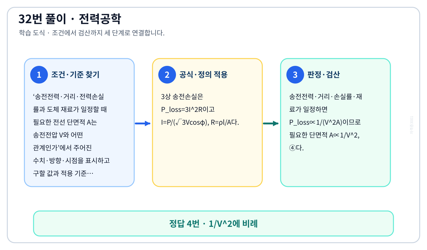 전기기사 송전전력·거리·전력손실률과 도체 재료가 일정할 때 필요한 전선 단면적 A는 송전전압 V와 어떤 관계인가의 기준식을 세우고 단위·계수·부호를 검산하여 ‘1/V²에 비례’를 도출할 수 있다. 세 단계 풀이와 검산을 연결한 학습 도식