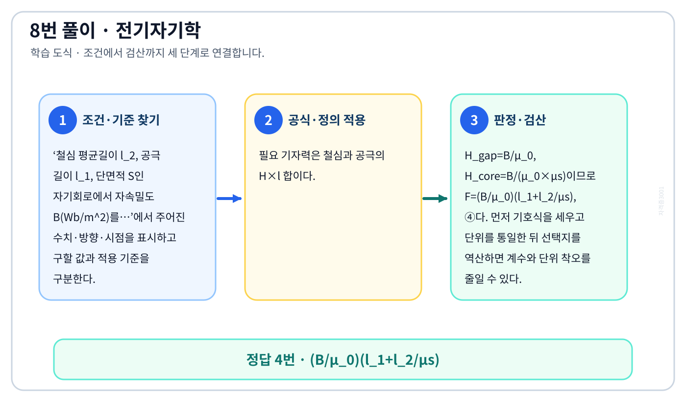 전기기사 철심 평균길이 l_2, 공극 길이 l_1, 단면적 S인 자기회로에서 자속밀도 B(Wb/m²)를…의 기준식을 세우고 단위·계수·부호를 검산하여 ‘(B/μ₀)(l_1+l_2/μs)’를 도출할 수 있다. 세 단계 풀이와 검산을 연결한 학습 도식
