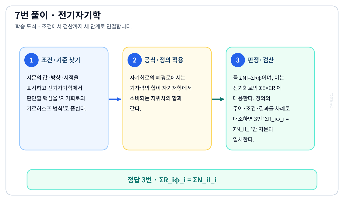 전기기사 자기회로의 키르히호프 법칙의 기준식을 세우고 단위·계수·부호를 검산하여 ‘ΣR_iφ_i = ΣN_iI_i’를 도출할 수 있다. 세 단계 풀이와 검산을 연결한 학습 도식