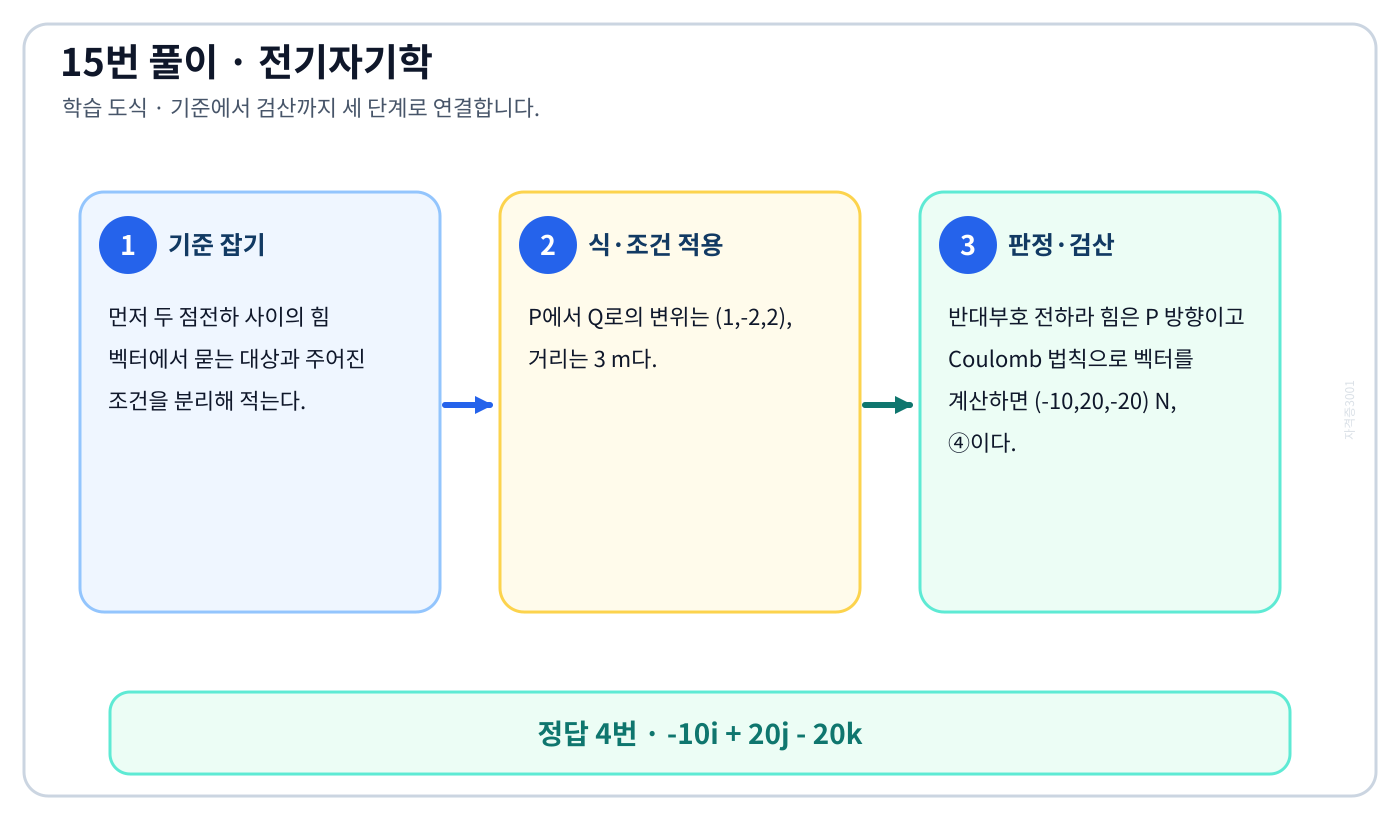 전기기사 두 점전하 사이의 힘 벡터의 기준식을 세우고 단위·부호·방향을 적용해 ‘-10i + 20j - 20k’를 도출할 수 있다. 세 단계 풀이와 검산을 연결한 학습 도식