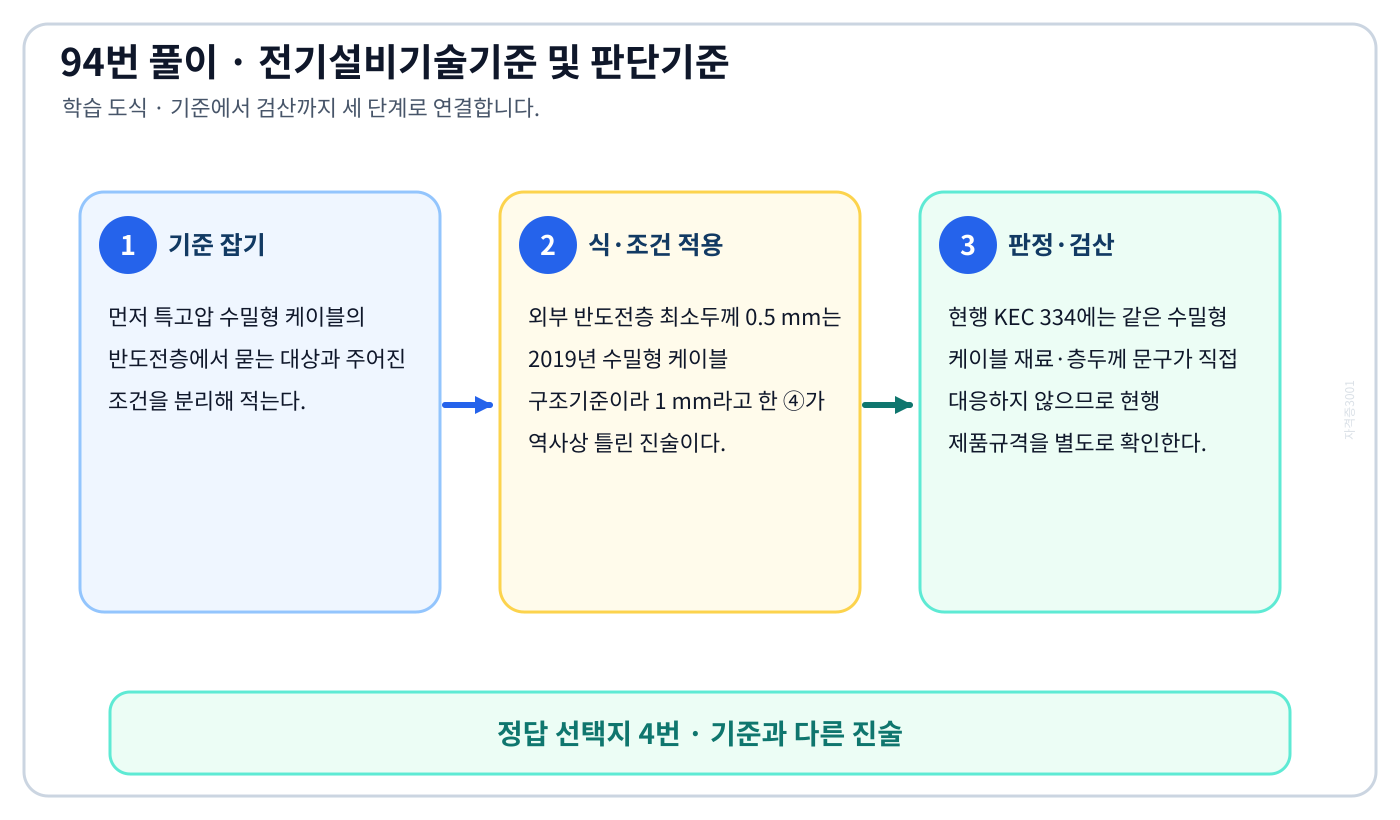 특고압 수밀형 케이블의 반도전층에서 시험시점 기준과 현행 기준을 구분해 ‘외부 반도전층은 절연층과 밀착되어야 하고, 또한 절연층과 쉽게 분리되어야 하며, 두께의 최소값은 1mm 이상일 것’의 적용 여부를 판정할 수 있다. 세 단계 풀이와 검산을 연결한 학습 도식