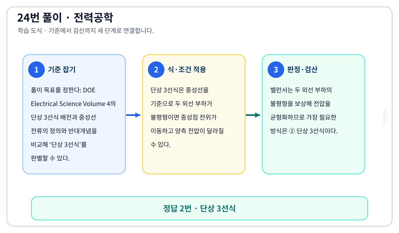 전기기사 DOE Electrical Science Volume 4의 단상 3선식 배전과 중성선 전류의 정의와 반대개념을 비교해 ‘단상 3선식’를 판별할 수 있다. 풀이 흐름을 세 단계로 정리한 학습 도식