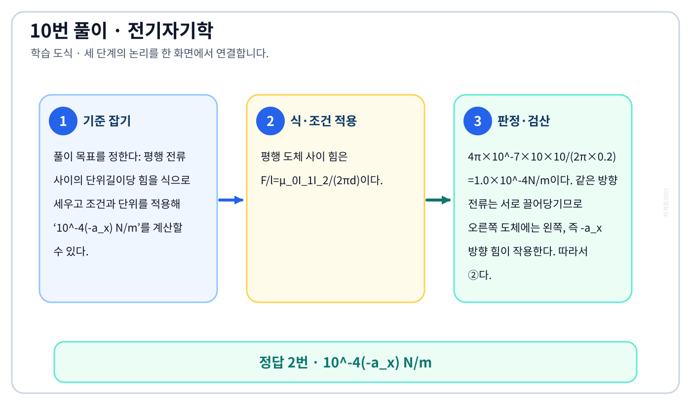 전기기사 평행 전류 사이의 단위길이당 힘을 식으로 세우고 조건과 단위를 적용해 ‘10⁻⁴(-aₓ) N/m’를 계산할 수 있다. 풀이 흐름을 세 단계로 정리한 학습 도식