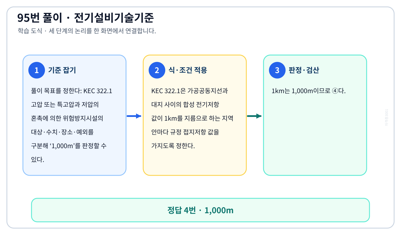 KEC 322.1 고압 또는 특고압과 저압의 혼촉에 의한 위험방지시설의 대상·수치·장소·예외를 구분해 ‘1,000m’를 판정할 수 있다. 풀이 흐름을 세 단계로 정리한 학습 도식