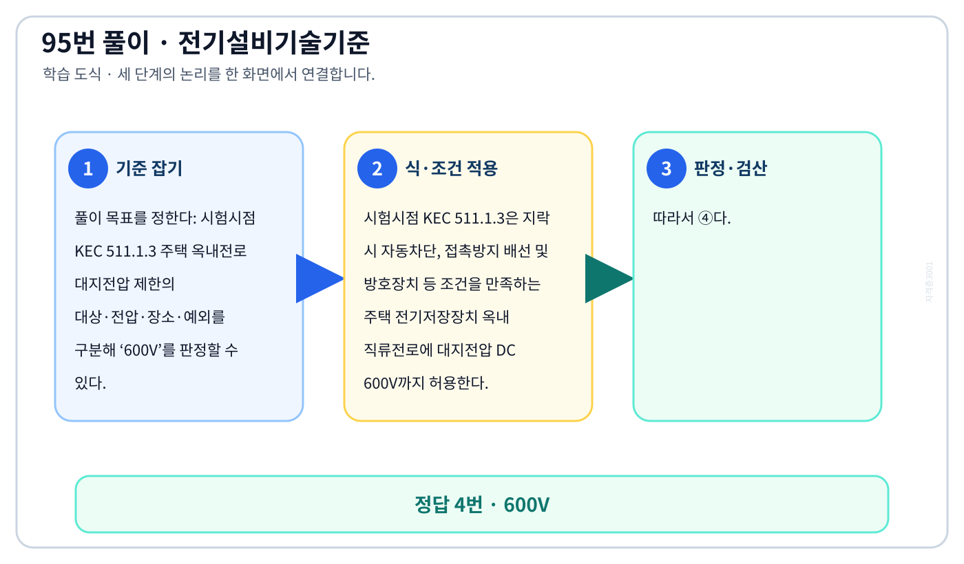 시험시점 KEC 511.1.3 주택 옥내전로 대지전압 제한의 대상·전압·장소·예외를 구분해 ‘600V’를 판정할 수 있다. 풀이 흐름을 세 단계로 정리한 학습 도식