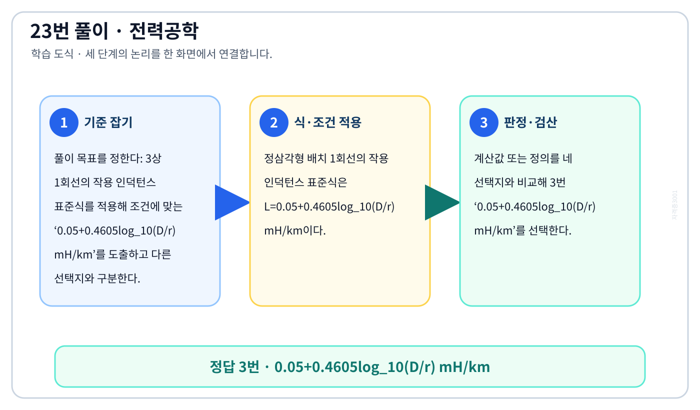 전기기사 3상 1회선의 작용 인덕턴스 표준식를 적용해 조건에 맞는 ‘0.05+0.4605log₁₀(D/r) mH/km’를 도출하고 다른 선택지와 구분한다. 풀이 흐름을 세 단계로 정리한 학습 도식