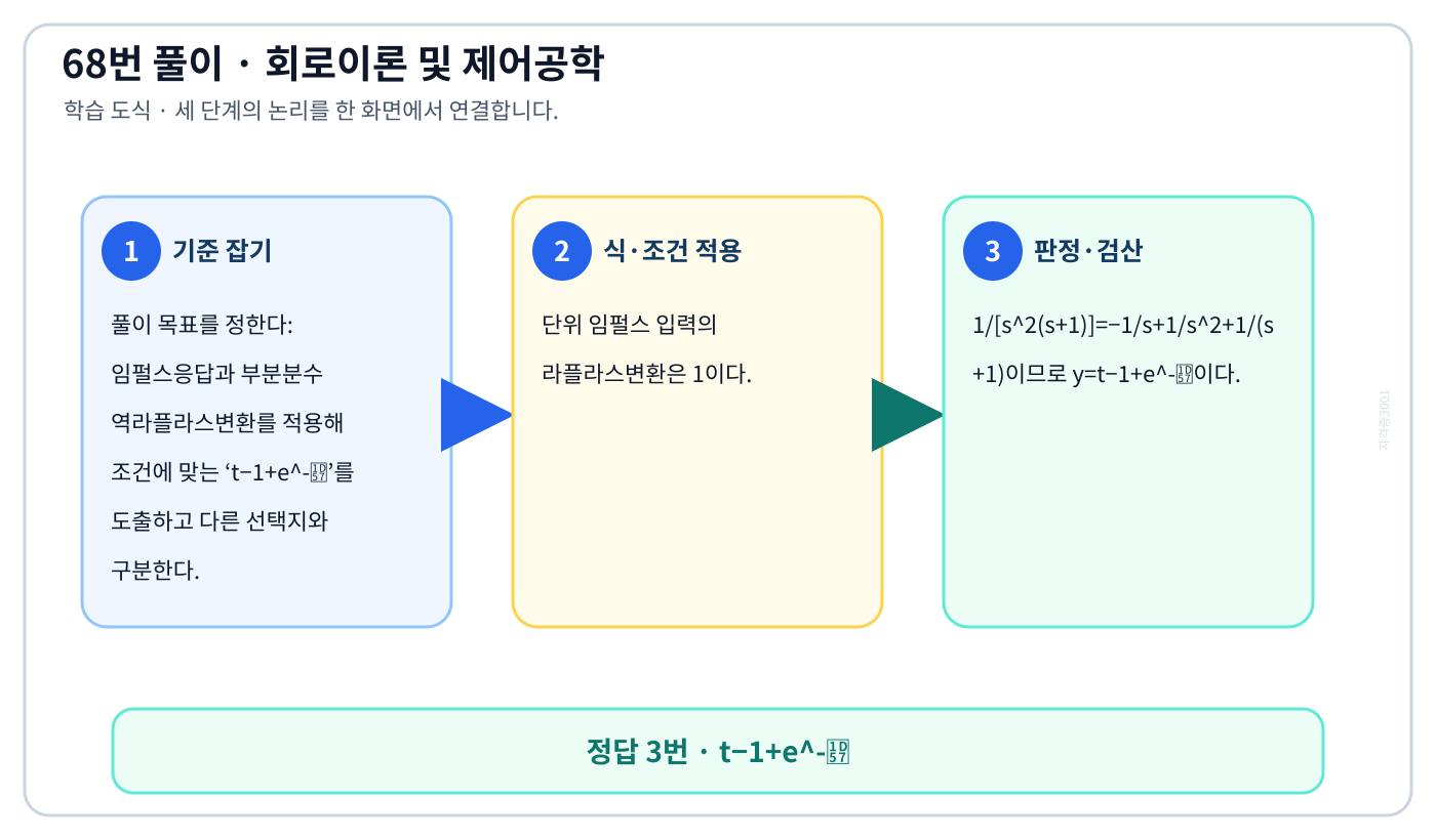 임펄스응답과 부분분수 역라플라스변환를 적용해 조건에 맞는 ‘t−1+e⁻ᵗ’를 도출하고 다른 선택지와 구분한다. 풀이 흐름을 세 단계로 정리한 학습 도식
