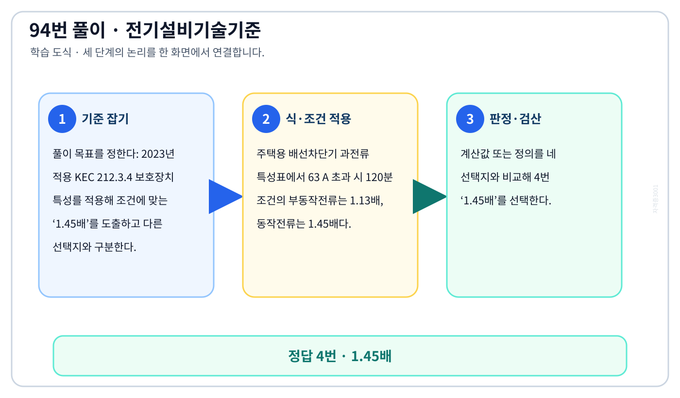 2023년 적용 KEC 212.3.4 보호장치 특성를 적용해 조건에 맞는 ‘1.45배’를 도출하고 다른 선택지와 구분한다. 풀이 흐름을 세 단계로 정리한 학습 도식
