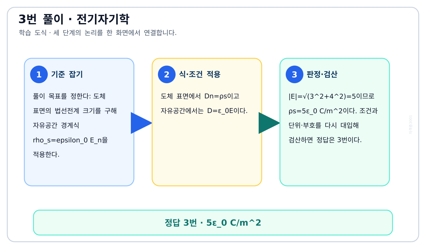 전기기사 도체 표면의 법선전계 크기를 구해 자유공간 경계식 rho_s=epsilon_0 E_n을 적용한다. 풀이 흐름을 세 단계로 정리한 학습 도식