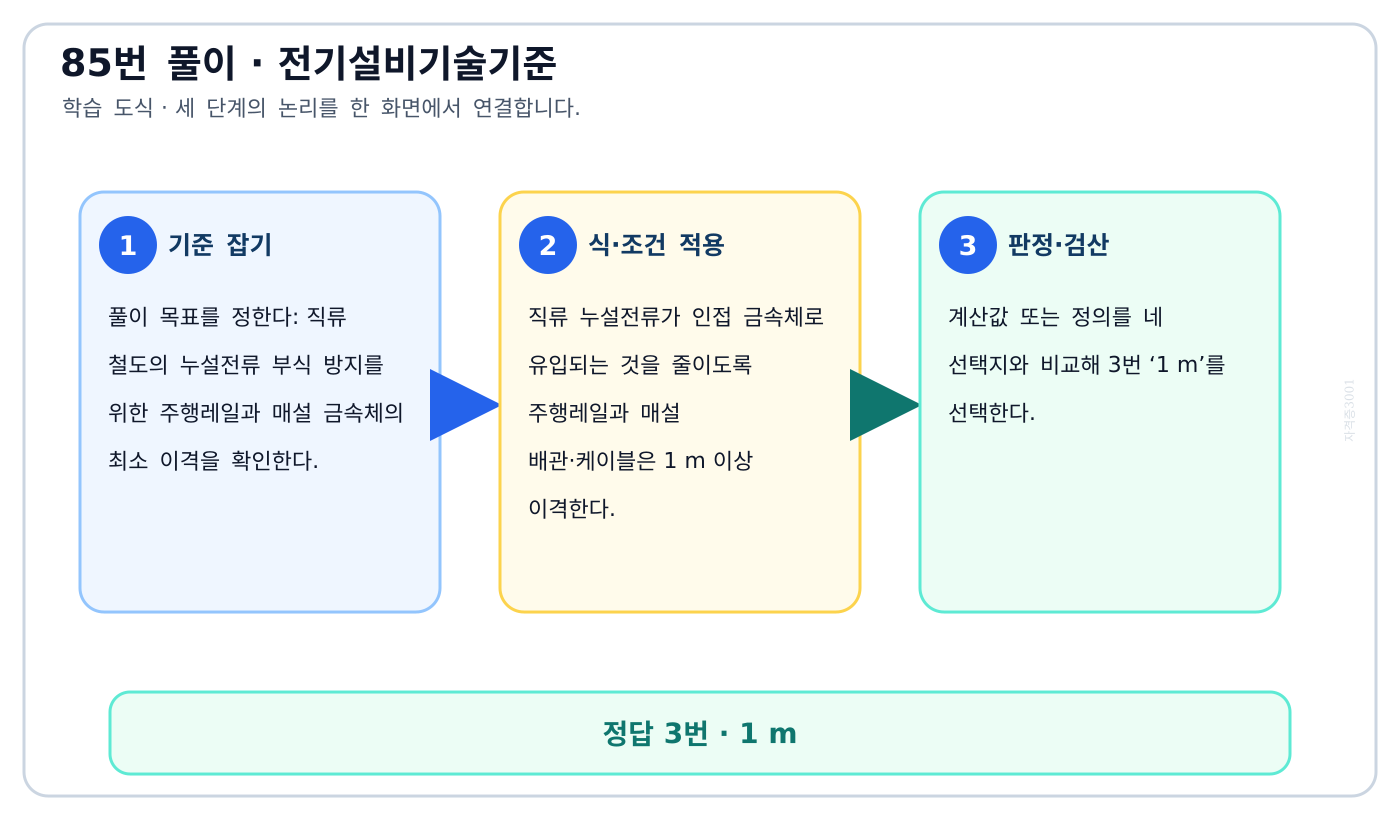 직류 철도의 누설전류 부식 방지를 위한 주행레일과 매설 금속체의 최소 이격을 확인한다. 풀이 흐름을 세 단계로 정리한 학습 도식