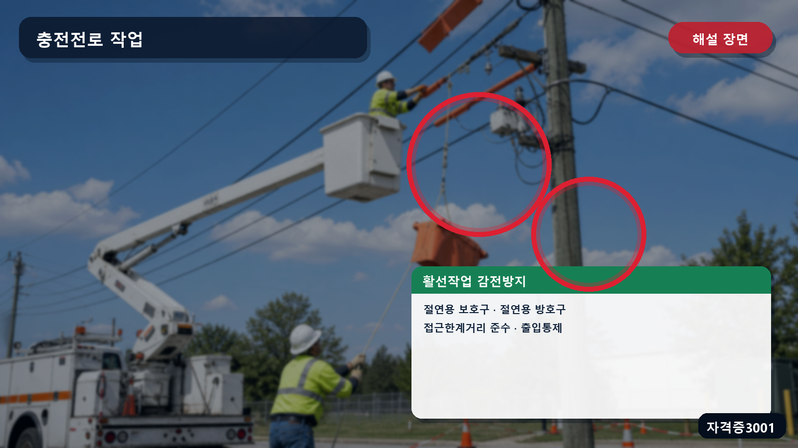 충전전로 작업의 절연용 보호구·절연용 방호구·접근한계거리와 출입통제 표시 장면
