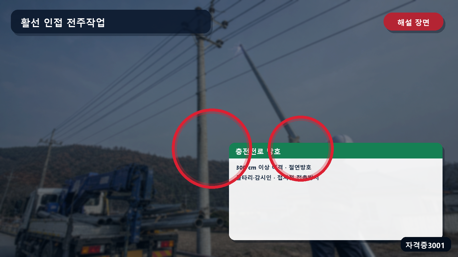 활선 인접 전주작업의 이격거리·절연용 방호구·울타리 또는 감시인·접지점 접촉방지를 표시한 해설 장면