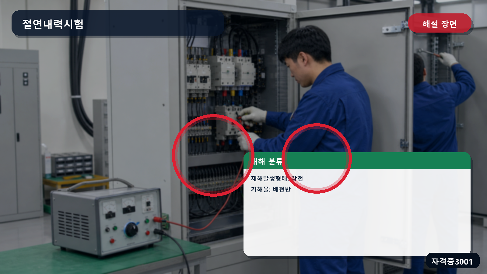 20킬로볼트가 인가된 배전반의 감전 위치와 가해물 표시 장면