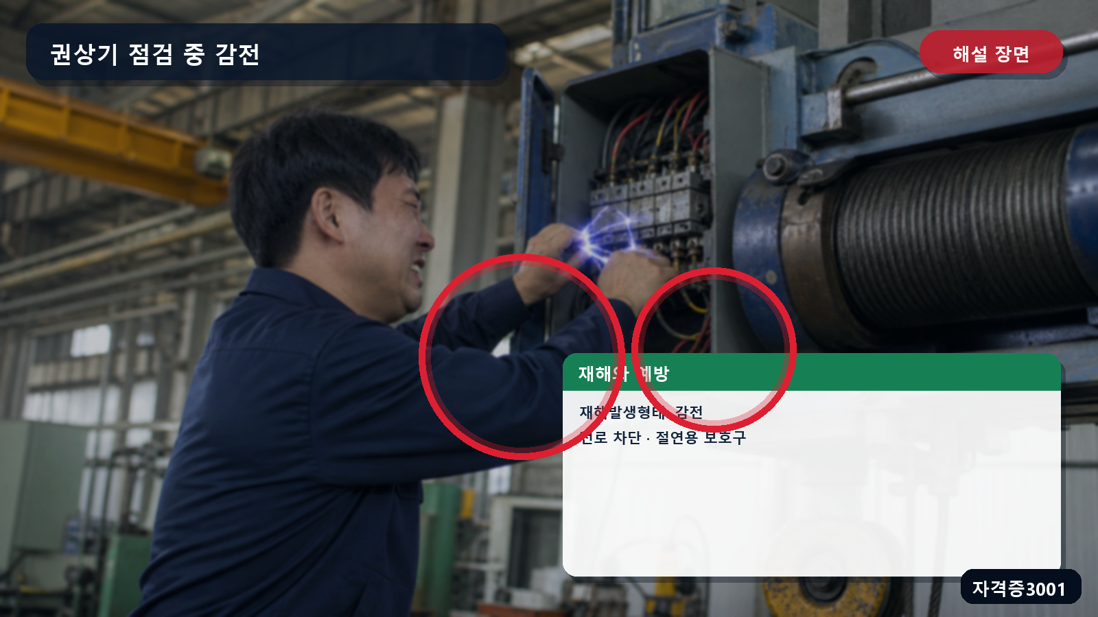 권상기 점검 중 감전·전로 차단·절연용 보호구를 표시한 해설 장면