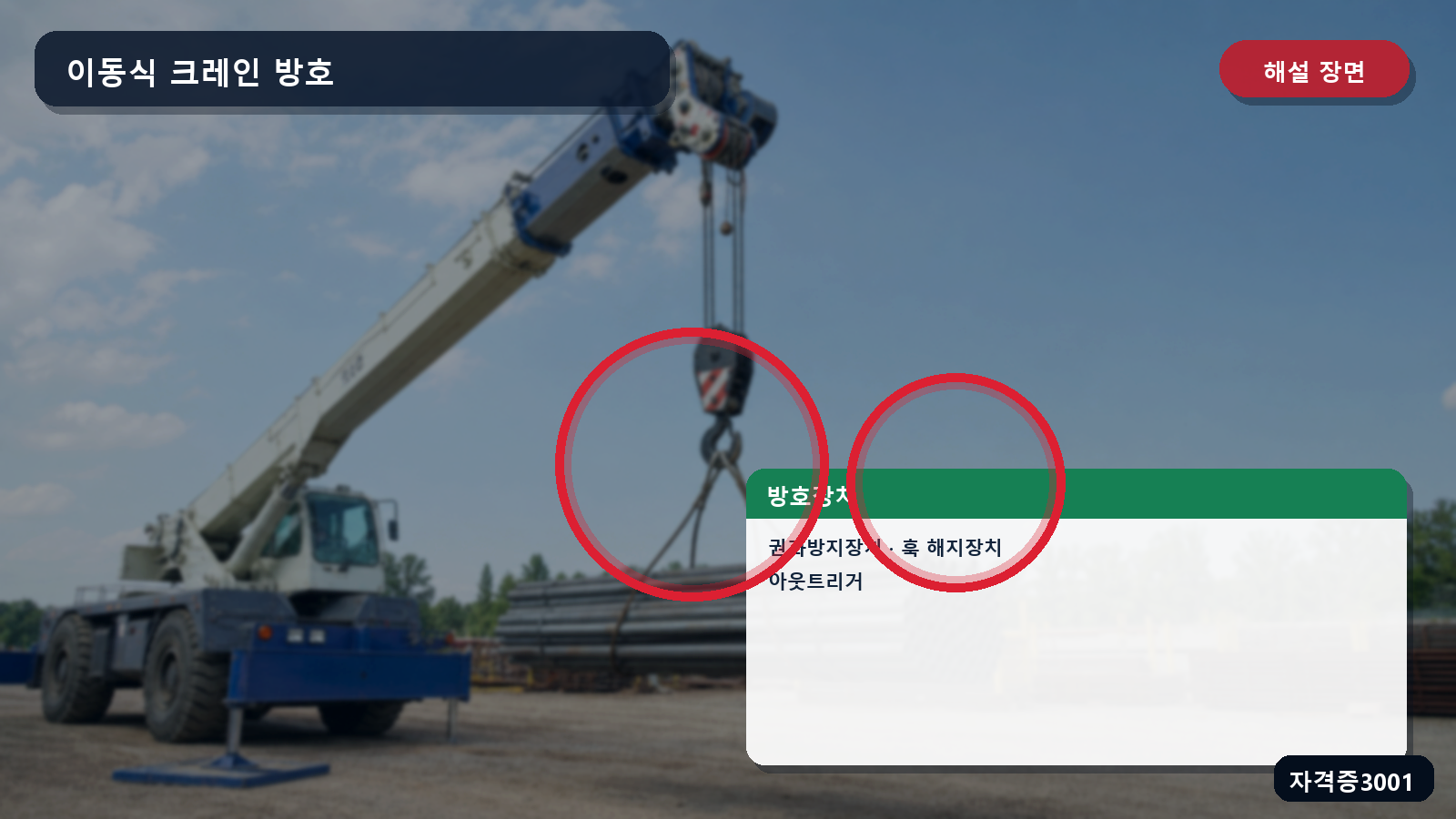 이동식 크레인의 권과방지장치·훅 해지장치·아웃트리거 위치를 표시한 해설 장면