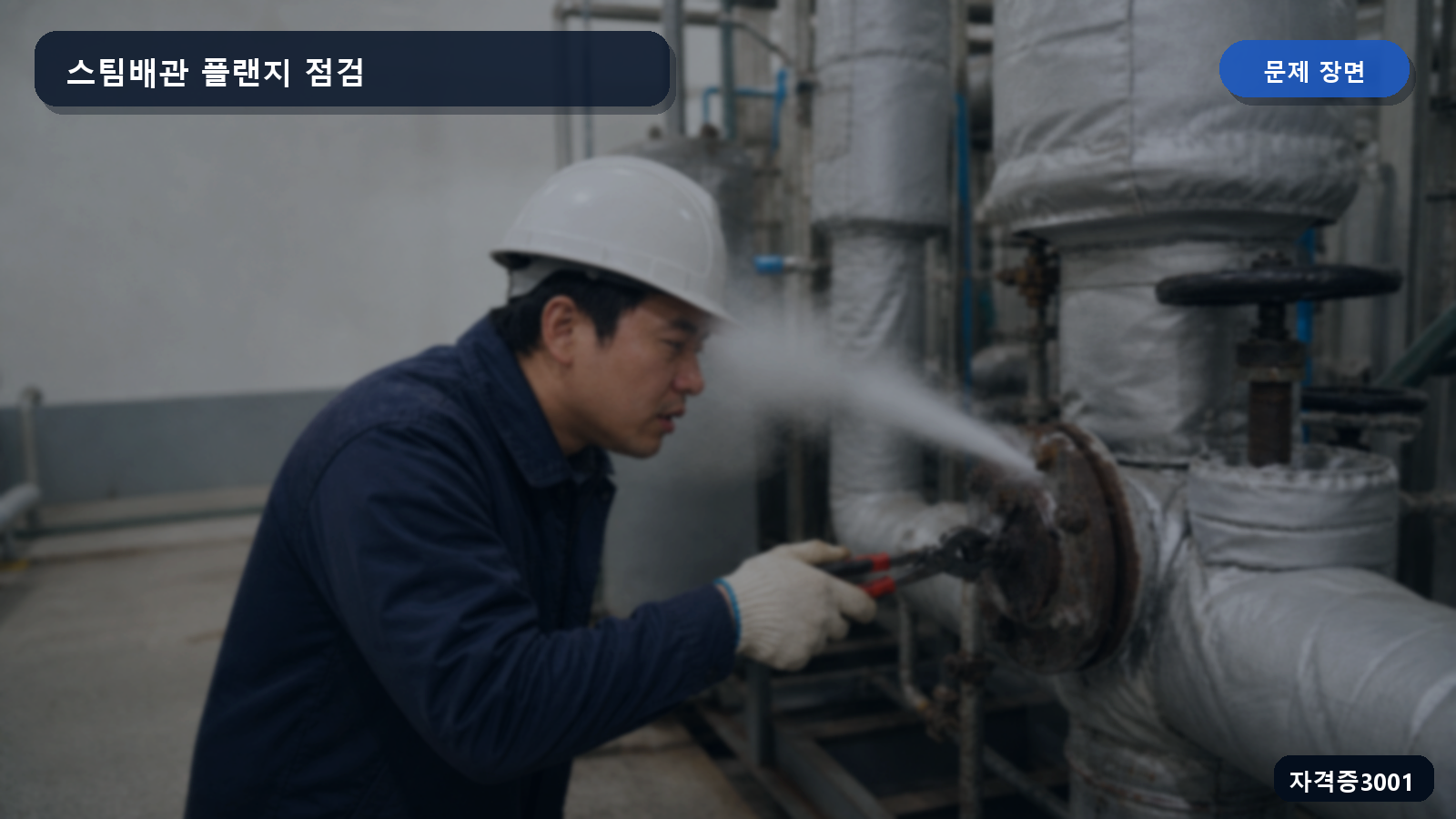 산업안전기사 실기 작업형 보안경 없이 스팀배관 플랜지를 풀다가 얼굴 방향으로 증기가 분출되는 장면