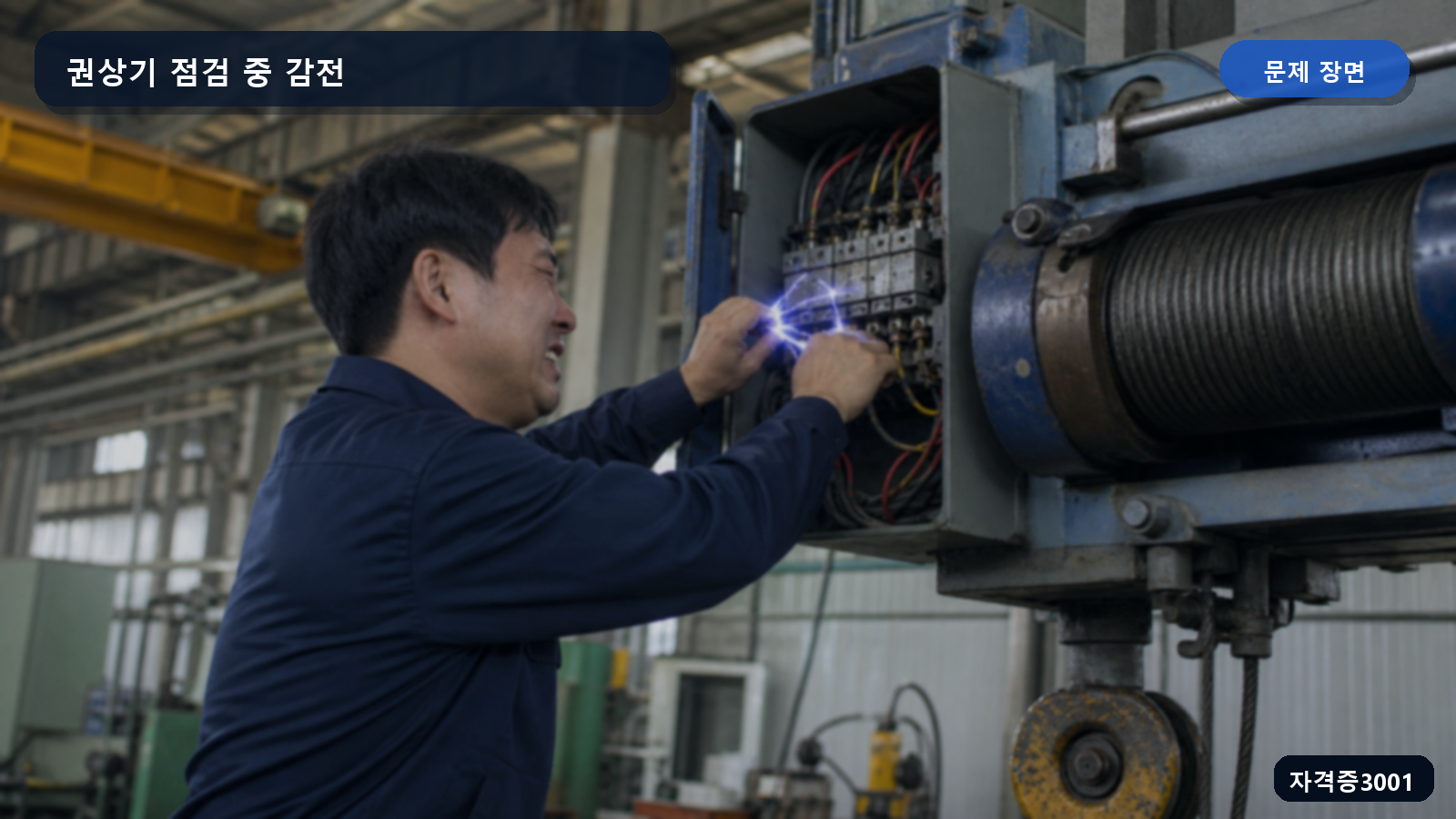 산업안전기사 실기 작업형 멈춘 권상기의 전기설비를 전원 차단 없이 점검하다 감전되는 장면