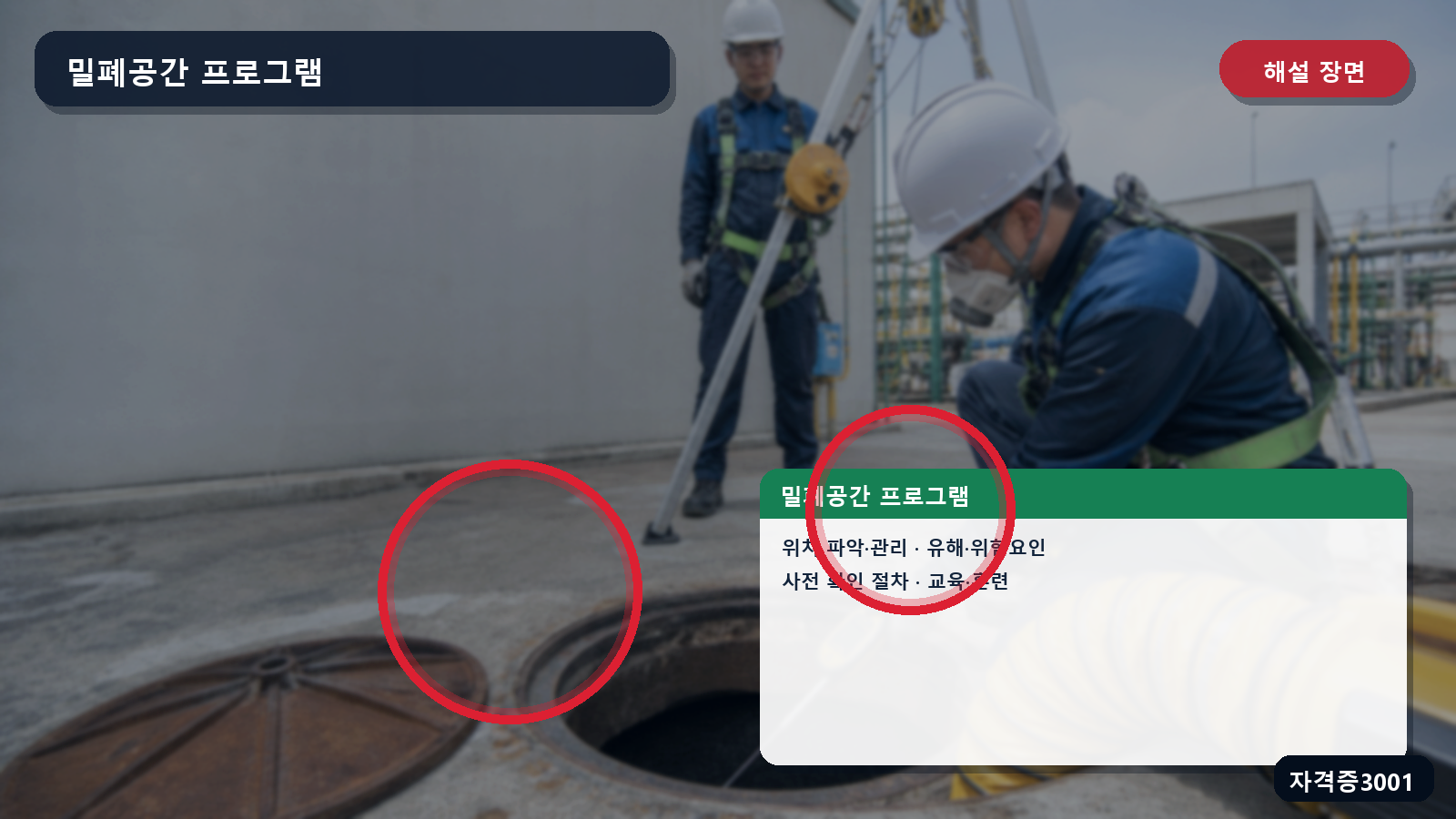 산업안전기사 실기 작업형 밀폐공간 위치·위험요인·사전확인 절차·교육훈련을 표시한 해설 장면