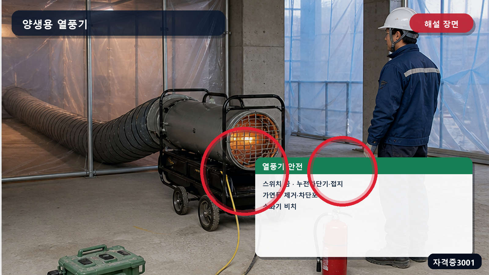 열풍기의 전원 차단·누전차단·접지·가연물 제거·소화기 조치를 표시한 해설 장면