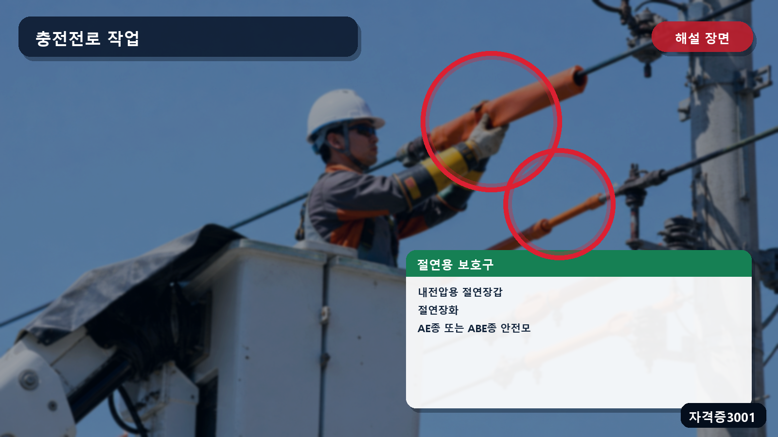 충전전로 작업자의 내전압용 절연장갑·절연장화·감전 방지 안전모를 표시한 해설 장면