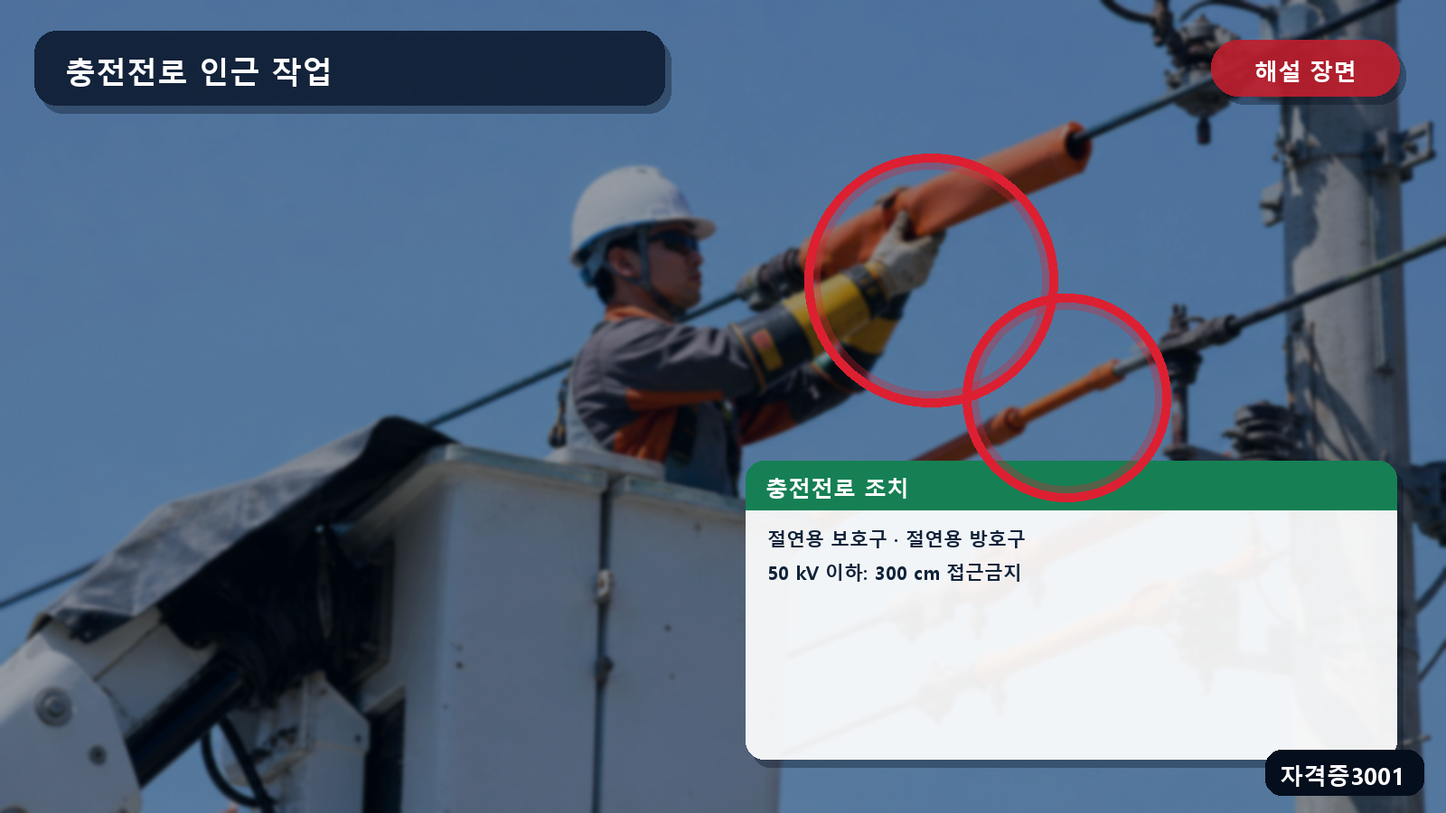 절연용 보호구·방호구와 300 cm 접근금지 거리를 표시한 해설 장면
