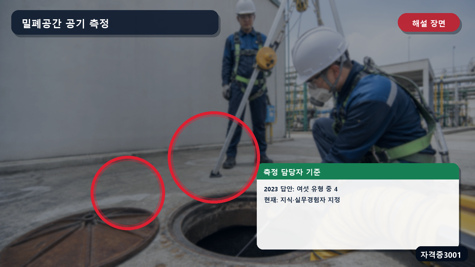 밀폐공간 공기 측정 담당자와 현재 지식·실무경험 기준을 표시한 해설 장면