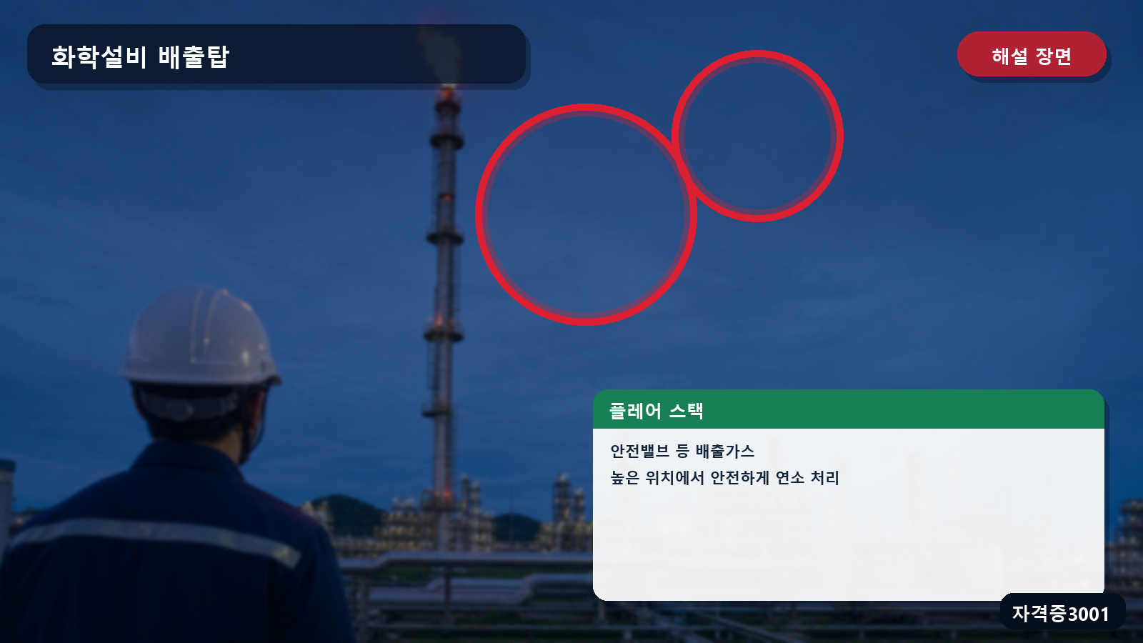 플레어 스택과 안전밸브 배출가스의 연소 처리 목적을 표시한 해설 장면