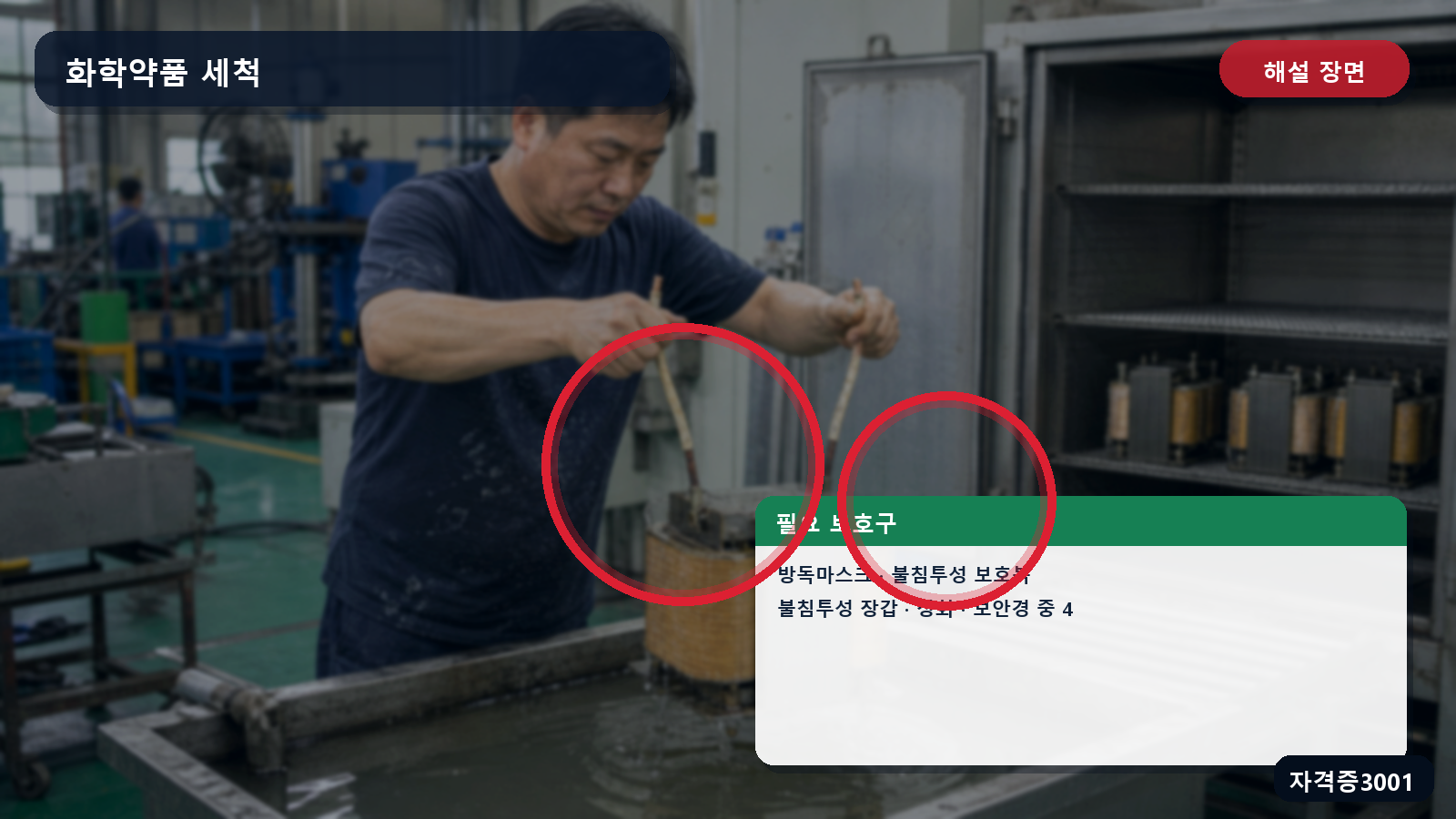 방독마스크·보안경·불침투성 보호복·장갑·장화를 표시한 해설 장면