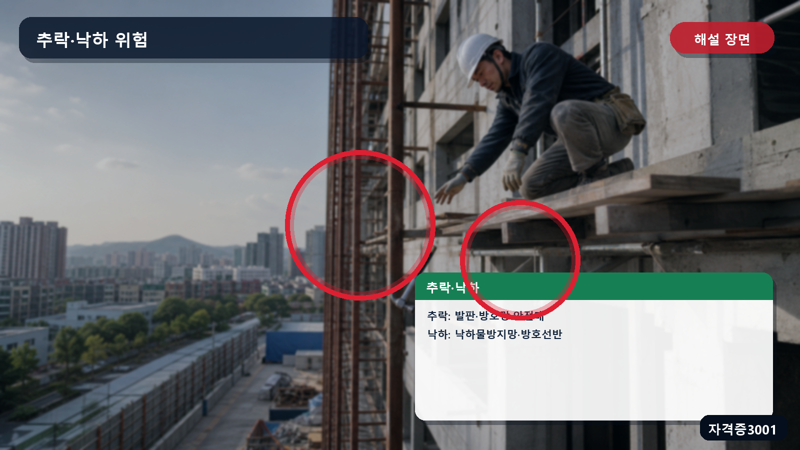 추락방호용 작업발판·안전대와 낙하물 방지망·방호선반을 구분한 해설 장면